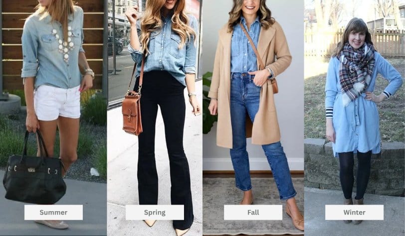Seasonal fashion guide showing chambray outfits styled for summer, spring, fall, and winter using layering and complementary wardrobe pieces.