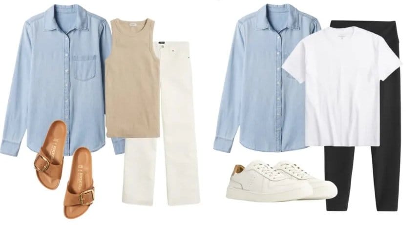 Capsule wardrobe outfit combinations featuring chambray shirts paired with neutral clothing, white sneakers, and timeless wardrobe essentials.
