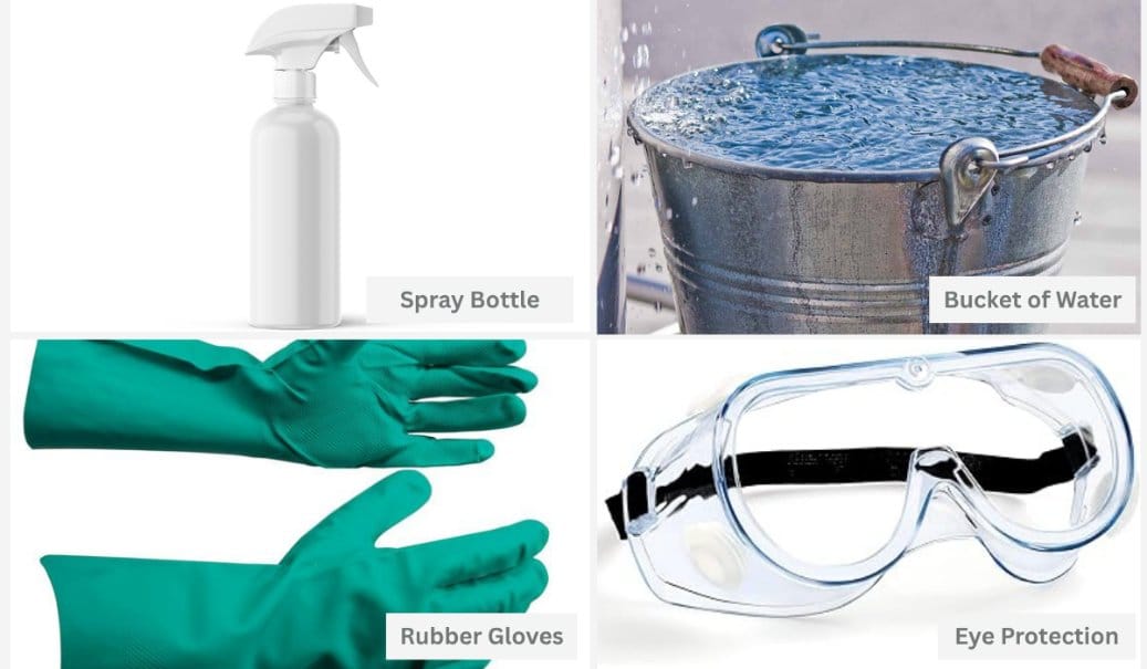 acid wash denim tools including spray bottle bucket water rubber gloves and safety goggles