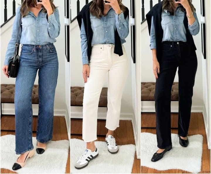Women's capsule wardrobe outfit ideas featuring a chambray shirt paired with blue, white, and black pants for multiple versatile looks.