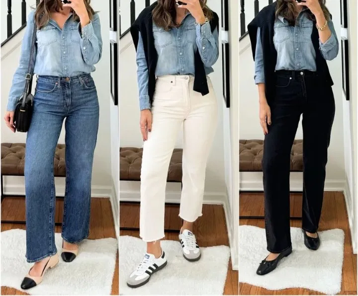 Women's capsule wardrobe outfit ideas featuring a chambray shirt paired with blue, white, and black pants for multiple versatile looks.