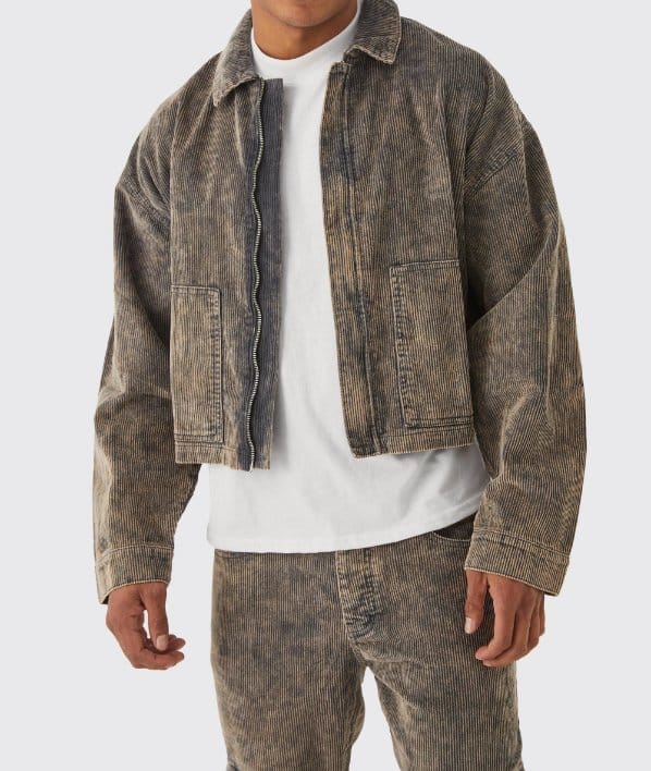 men acid wash corduroy jacket outfit with matching pants casual streetwear fashion