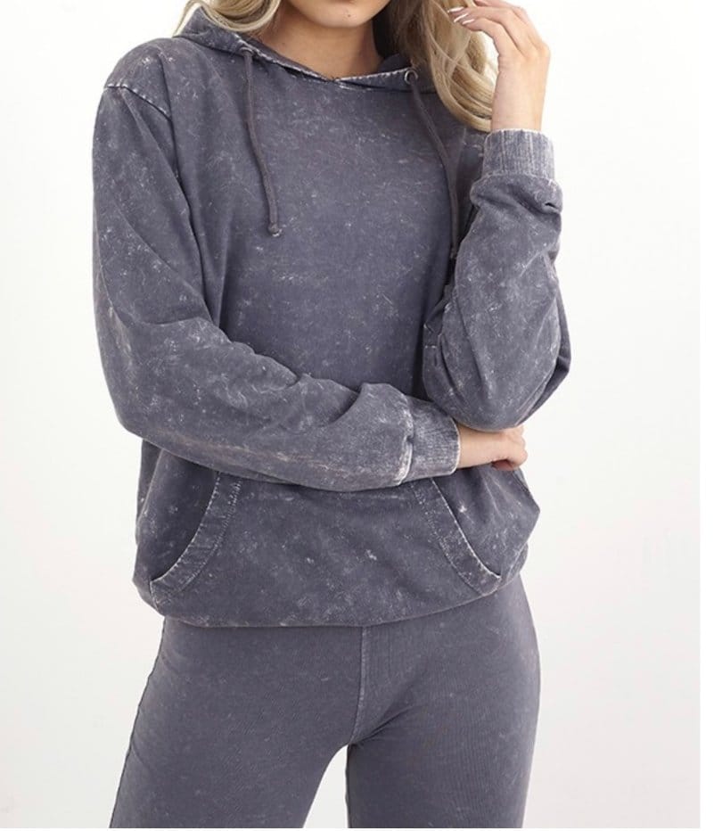 women acid wash hoodie and leggings set casual loungewear outfit in grey washed fabric