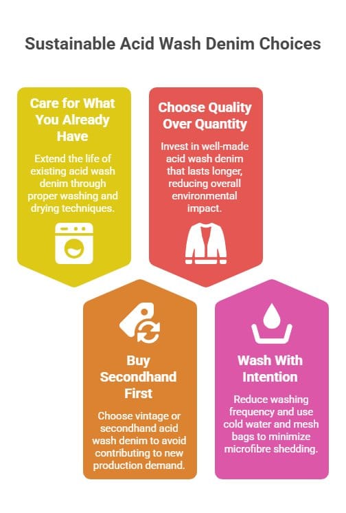 sustainable acid wash denim tips infographic showing washing care secondhand buying and eco friendly habits