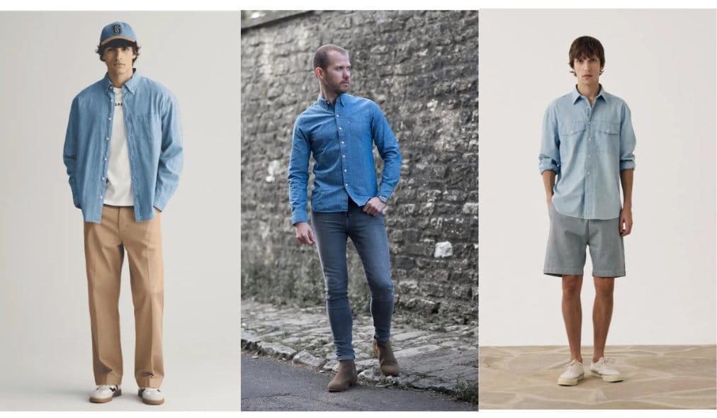 Men's capsule wardrobe examples featuring chambray shirts styled with chinos, denim jeans, shorts, boots, and sneakers for different occasions.