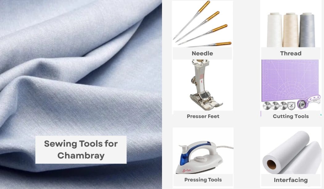 Infographic showing recommended sewing tools for chambray fabric including needles, thread, presser feet, cutting tools, pressing tools, and interfacing.