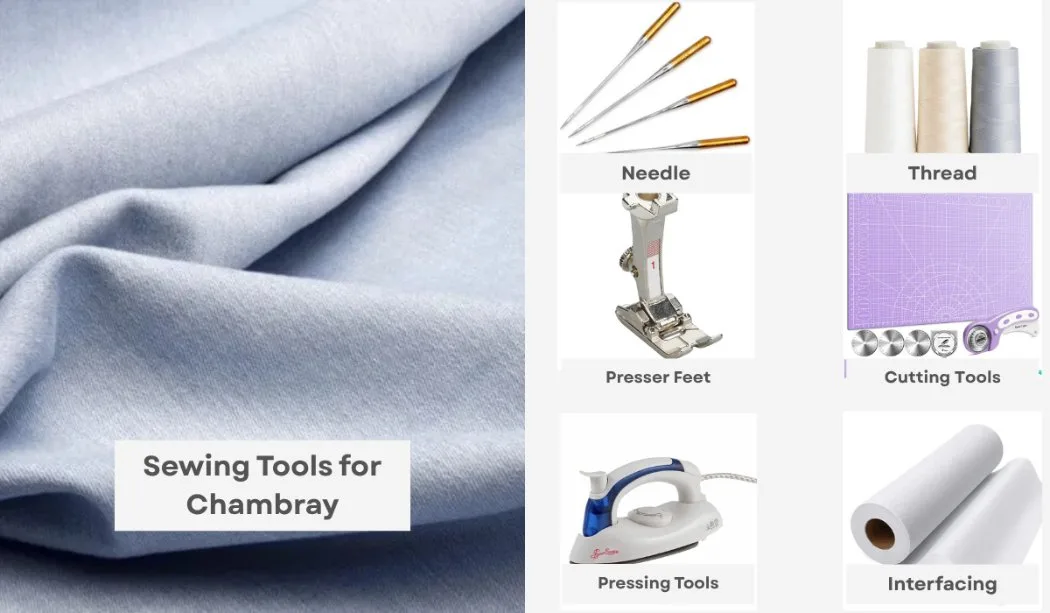 Infographic showing recommended sewing tools for chambray fabric including needles, thread, presser feet, cutting tools, pressing tools, and interfacing.