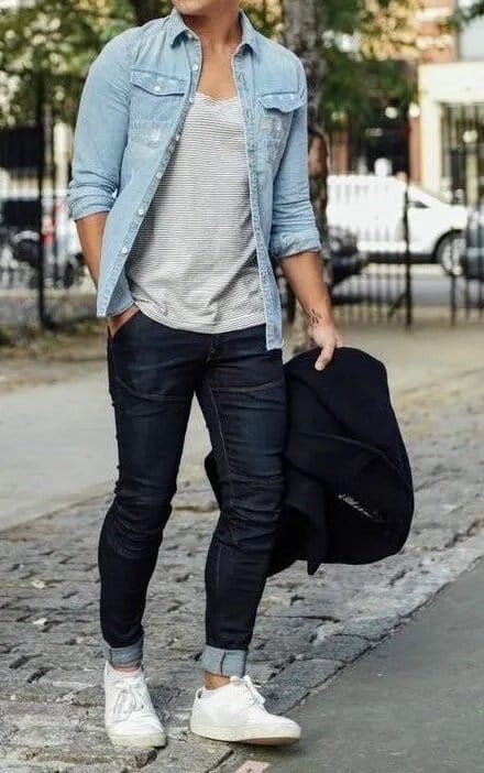 Man wearing a chambray shirt layered with casual outerwear, creating a relaxed and versatile outfit for everyday wear.