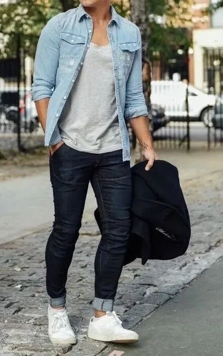 Man wearing a chambray shirt layered with casual outerwear, creating a relaxed and versatile outfit for everyday wear.