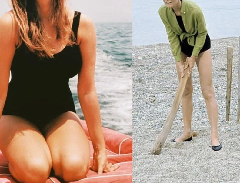 Woman wearing an early spandex swimsuit at the seaside during the 1960s fashion era.