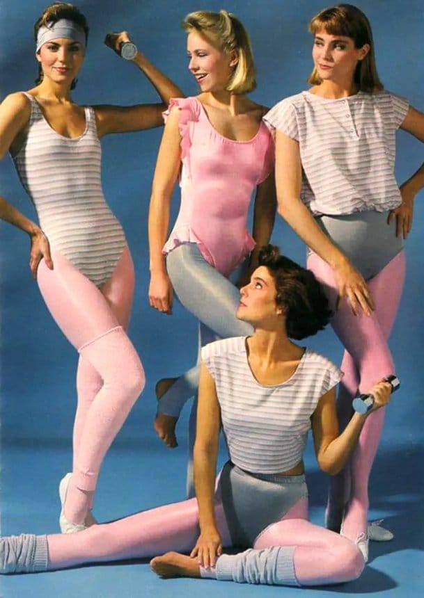 Group of women wearing colourful aerobics outfits made with spandex fabric in the 1980s.
