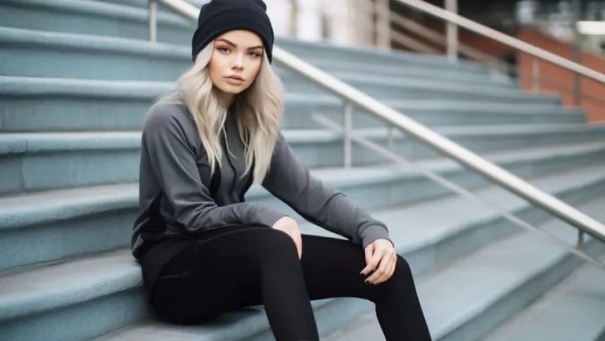 Woman wearing athleisure clothing featuring spandex-rich performance fabrics.