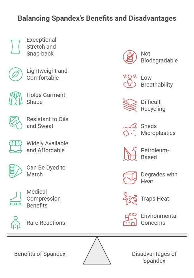 Infographic comparing the benefits and disadvantages of spandex fabric.