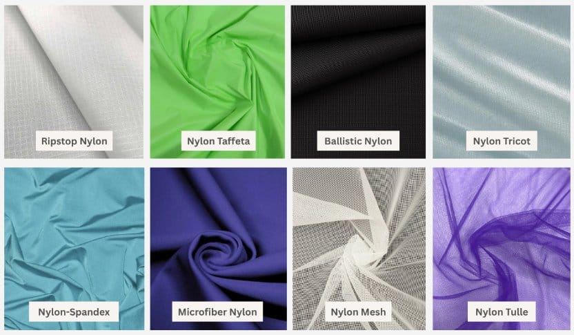 Comparison chart featuring different nylon fabric types including ripstop, taffeta, ballistic nylon, tricot, spandex blends, mesh, microfiber and tulle.