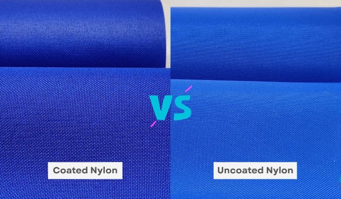 Side-by-side comparison of coated nylon and uncoated nylon fabric showing differences in texture, finish and performance.