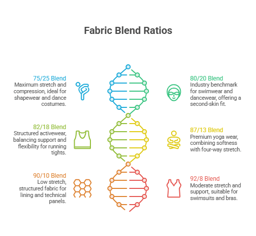 Infographic explaining common nylon spandex blend ratios and how fibre percentages influence stretch, support and performance.