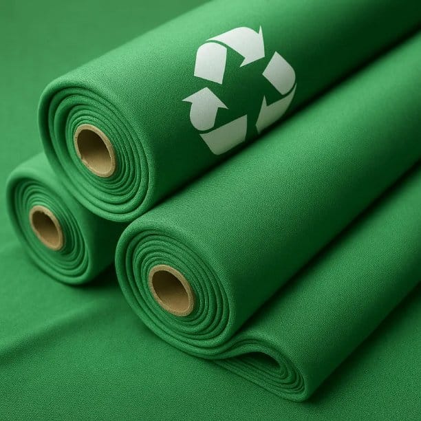 Green fabric rolls featuring a recycling symbol representing sustainable textile initiatives.