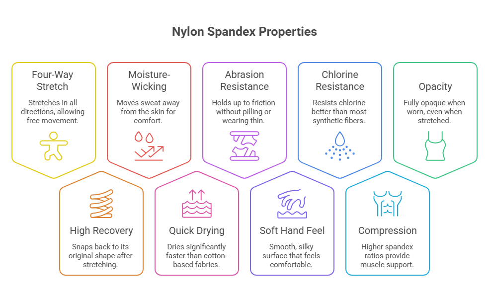 Infographic presenting the main performance characteristics of nylon spandex including stretch, recovery, moisture-wicking and durability.