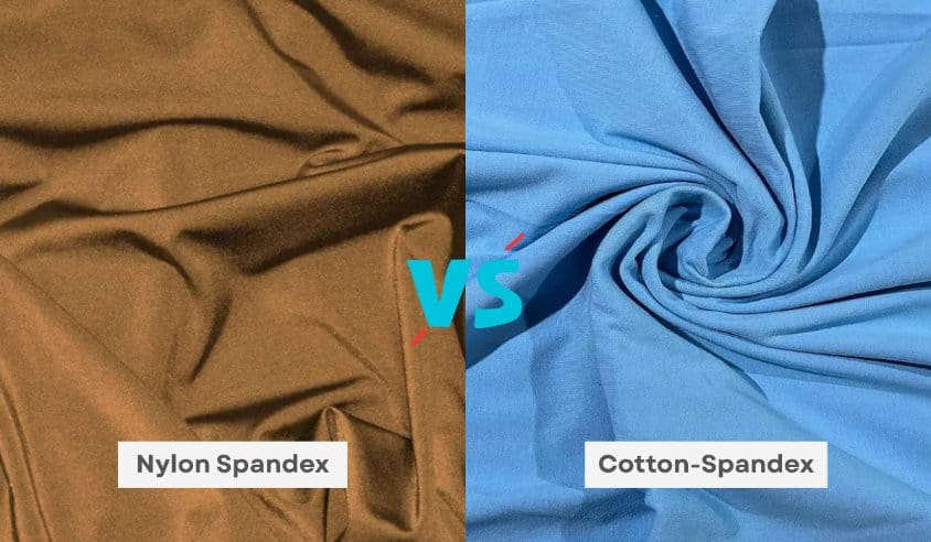 Side-by-side comparison of nylon spandex fabric and cotton spandex fabric highlighting differences in texture, performance and stretch characteristics.