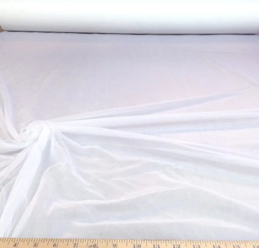 White nylon tricot fabric displaying a soft, stretchy and smooth texture suitable for lingerie, sportswear and linings.