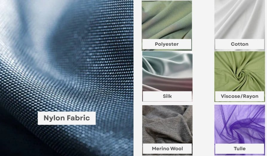 Comparison chart showing nylon fabric alongside polyester, cotton, silk, viscose rayon, merino wool and tulle fabrics.