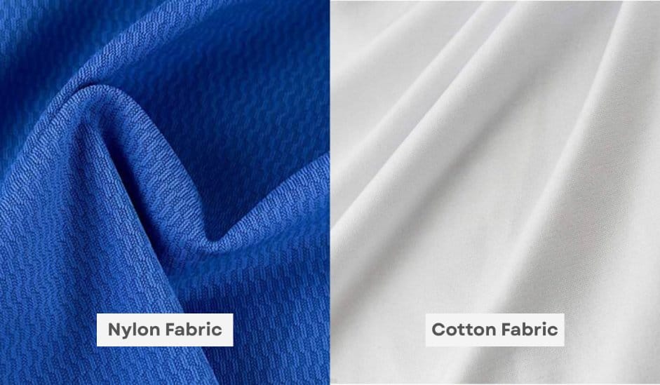 Side-by-side comparison of nylon fabric and cotton fabric highlighting differences in texture, weave and appearance.