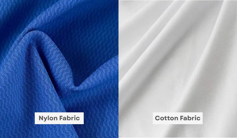 Side-by-side comparison of nylon fabric and cotton fabric highlighting differences in texture, weave and appearance.