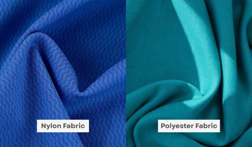 Comparison image featuring nylon fabric and polyester fabric to demonstrate differences in texture, appearance and fabric characteristics.
