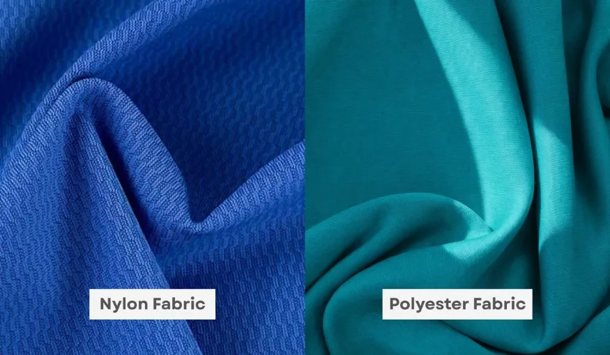 Comparison image featuring nylon fabric and polyester fabric to demonstrate differences in texture, appearance and fabric characteristics.