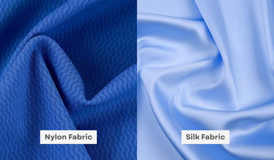 Side-by-side comparison of nylon fabric and silk fabric highlighting differences in texture, sheen and drape.