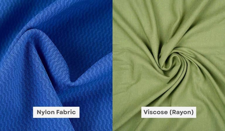 Comparison of nylon fabric and viscose rayon fabric showing differences in texture, drape and surface appearance.