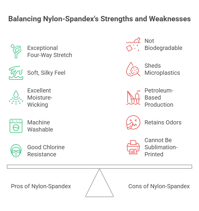 Infographic outlining the advantages and disadvantages of nylon spandex fabric including stretch, durability and environmental considerations.