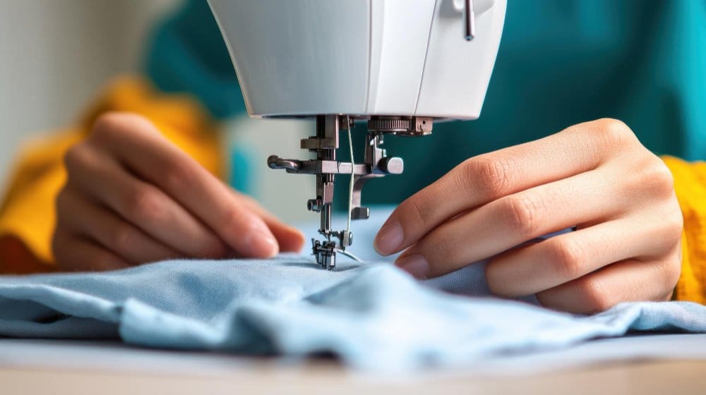 Close-up of hands guiding fabric through a sewing machine while using effective sewing techniques for synthetic fabrics.