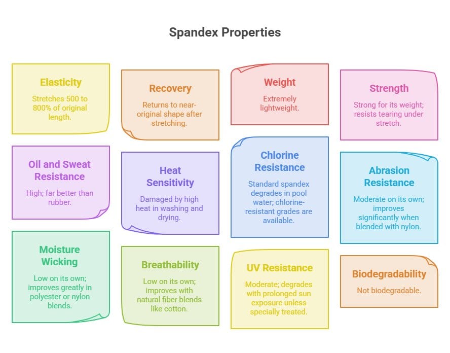 Infographic outlining key properties of spandex including elasticity, recovery and durability.