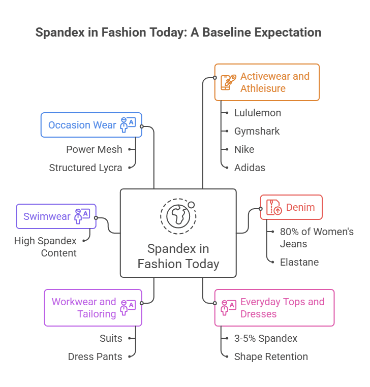 Infographic explaining how spandex is used in swimwear, denim, activewear, workwear and occasion wear.
