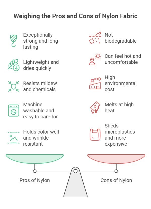 Infographic comparing the advantages and disadvantages of nylon fabric including durability, lightweight performance, environmental concerns and heat sensitivity.