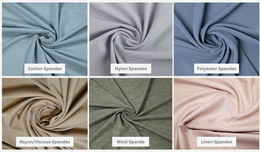 Comparison chart showing cotton spandex, nylon spandex, polyester spandex, rayon spandex, wool spandex and linen spandex fabrics.