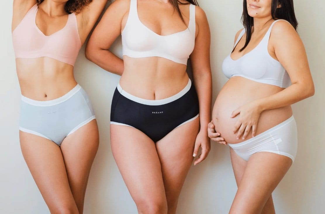 Women wearing seamless underwear and intimate apparel made with spandex fabric blends.