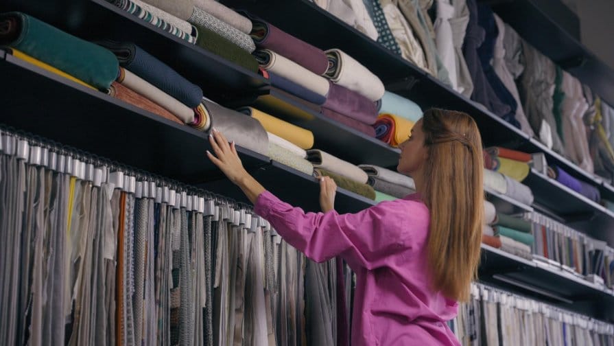 Woman browsing rolls of fabric in a textile store while selecting nylon fabric for sewing, crafting and upholstery projects.