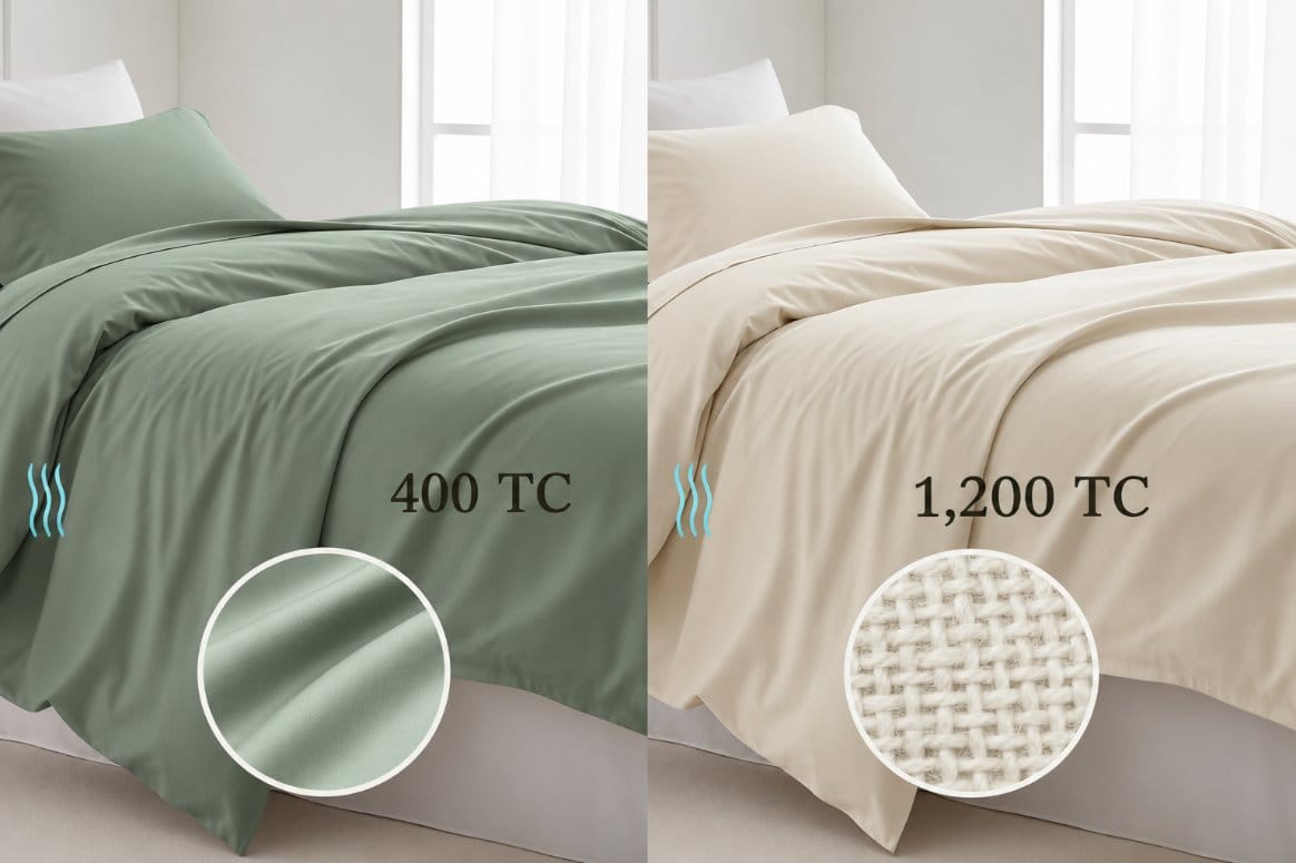 Side-by-side comparison of 400 and 1,200 thread count bed sheets with close-up views showing differences in fabric texture and weave.