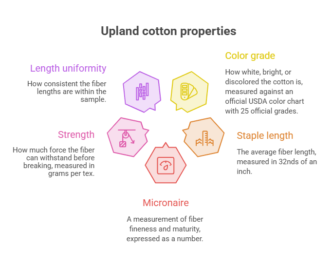 Upland cotton properties infographic showing length uniformity, strength, micronaire, staple length and colour grade as key quality measurements.
