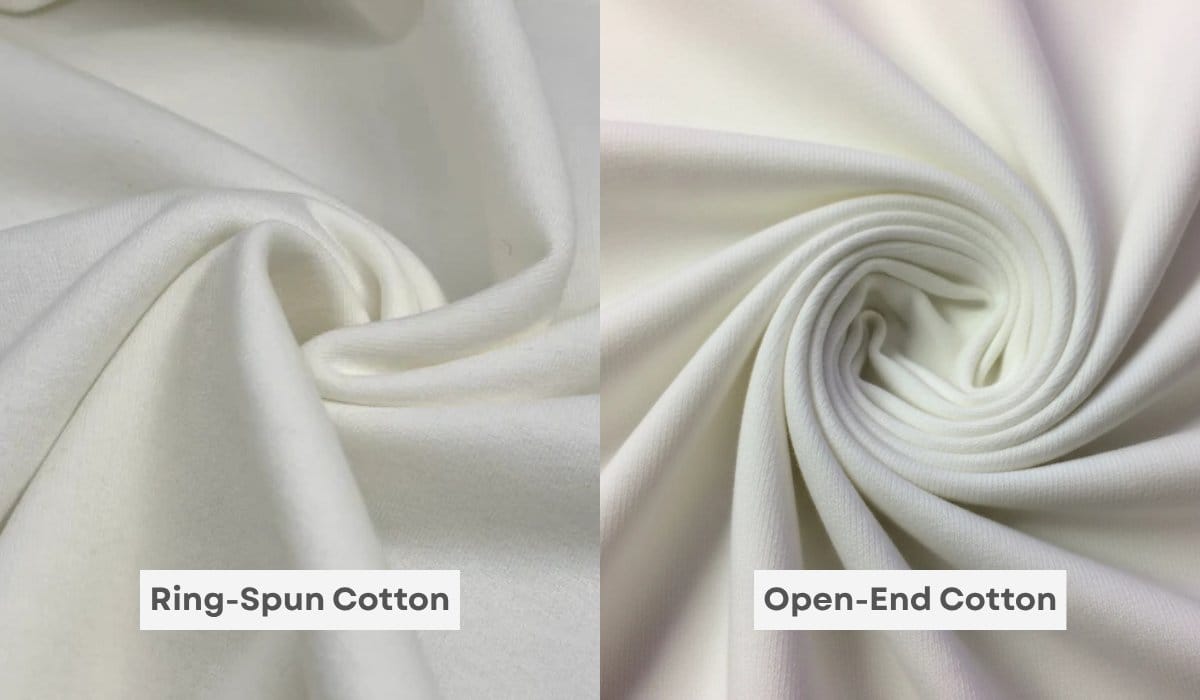 Ring-spun cotton and open-end cotton fabrics displayed side by side for a visual comparison of texture and finish.